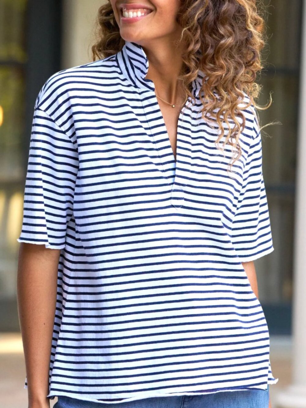 Frank & Eileen – Patty Short-Sleeve Popover Henley (Navy French Stripe) Small